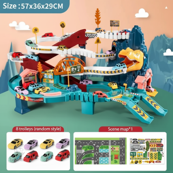 Amusant circuit de course avec voitures de dinosaures