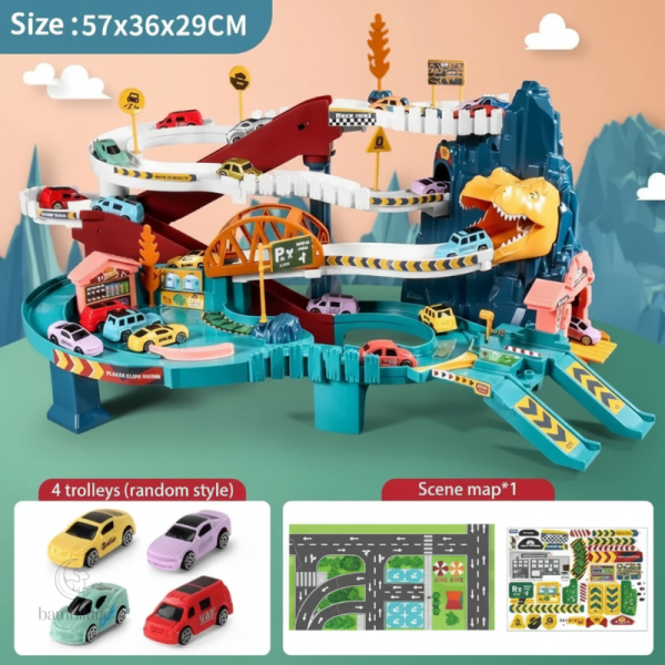 Voitures-jouets dinosaures sur un circuit ludique