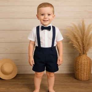 Short en coton avec bretelles et nœud pour enfants