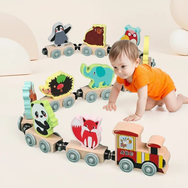 Train en bois avec animaux colorés, jeu d'assemblage