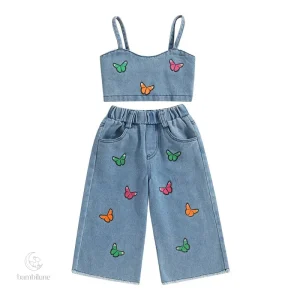 Mini ensemble d'été en jean pour enfants avec belle broderie