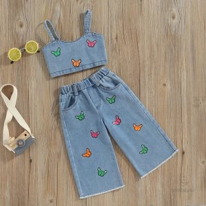 Vêtements d'été en jean pour enfants, broderie élégante