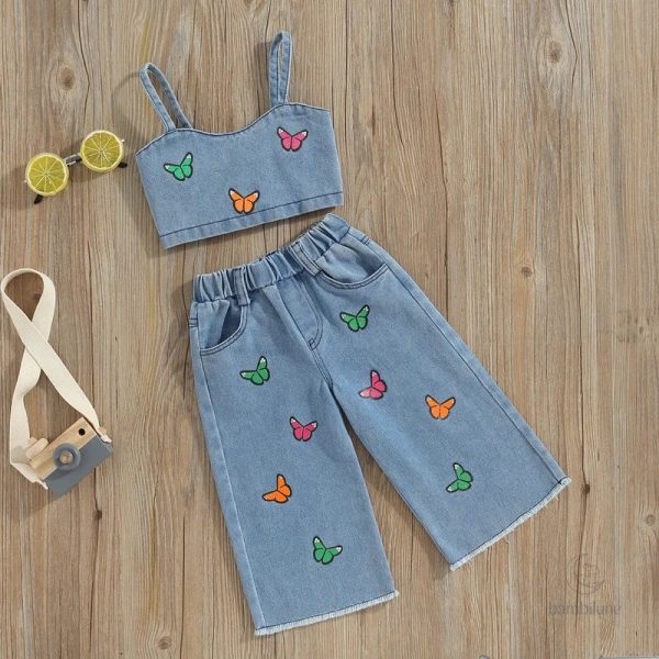 Vêtements d'été en jean pour enfants, broderie élégante