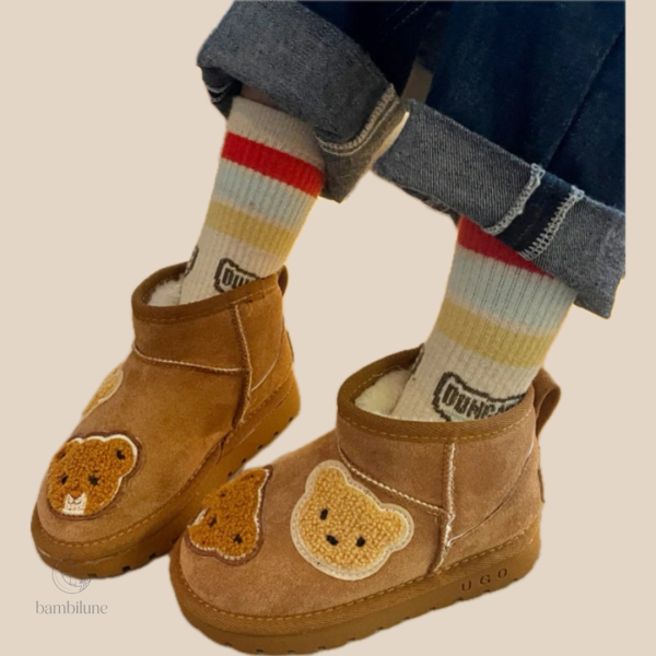 Bottines en daim marron avec motif ours pour enfants