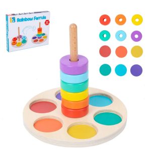 Jeu d'empilage coloré - Tour arc-en-ciel en bois